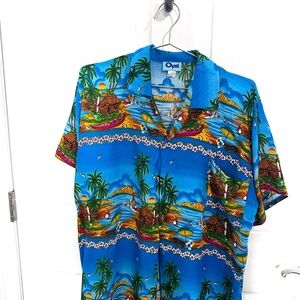 Blue Casual Button Down Shirt with Tropical Print